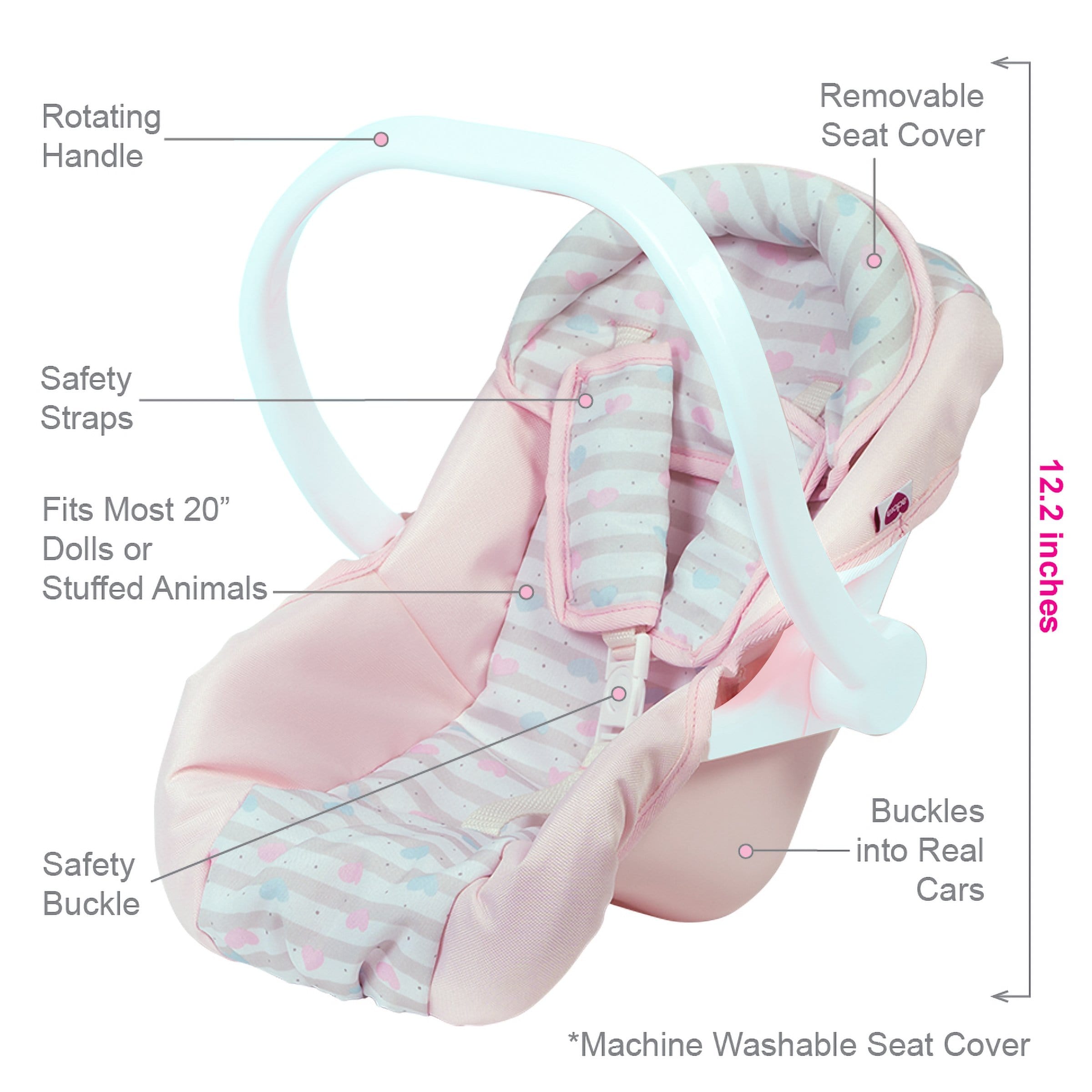 Adora Baby Doll Car Seat Carrier - Pastel Pink Hearts (White handle)