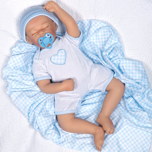 Swaddler Baby Checked Out - 18" Realistic Boy Doll by Reborn Artist, Michelle Fagan. Made in our exclusive SoftTouch Vinyl for an ultra-realistic feel!