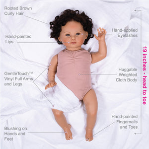 Nadia - 19" Realistic Girl Doll by Reborn Artist, Lauren Faith Jaimes. Made in our exclusive GentleTouch Vinyl for an ultra-realistic feel!