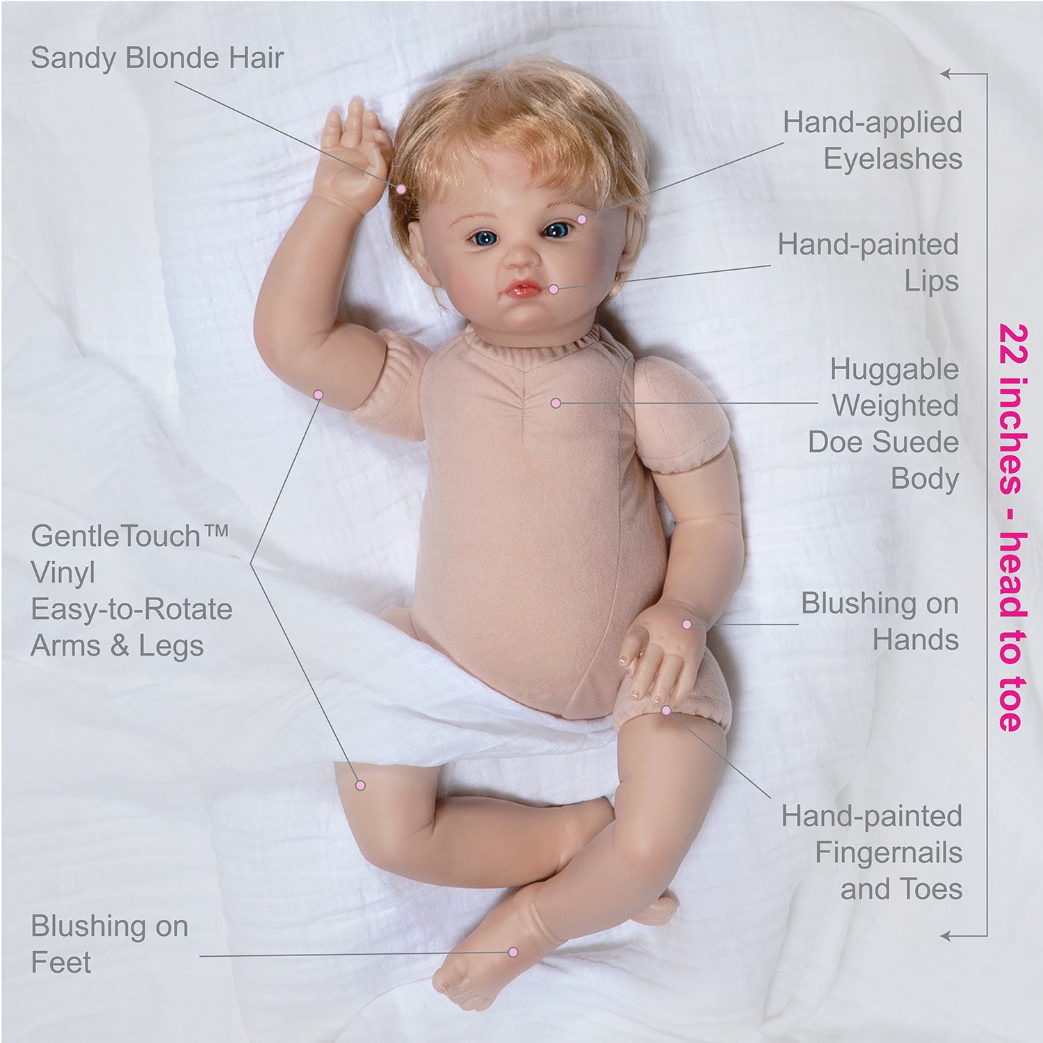 Swan Princess - 22 inch realistic toddler toll sculpted by doll artist, Jan Wright. Crafted from our GentleTouch™ vinyl that gives that decadently soft and luxurious feel of real, baby-smooth skin, and comes with a weighted cloth body that features a tapered realistic look.