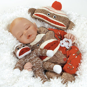 Paradise Galleries Sleeping Reborn Doll Sock Monkey Business - 16"