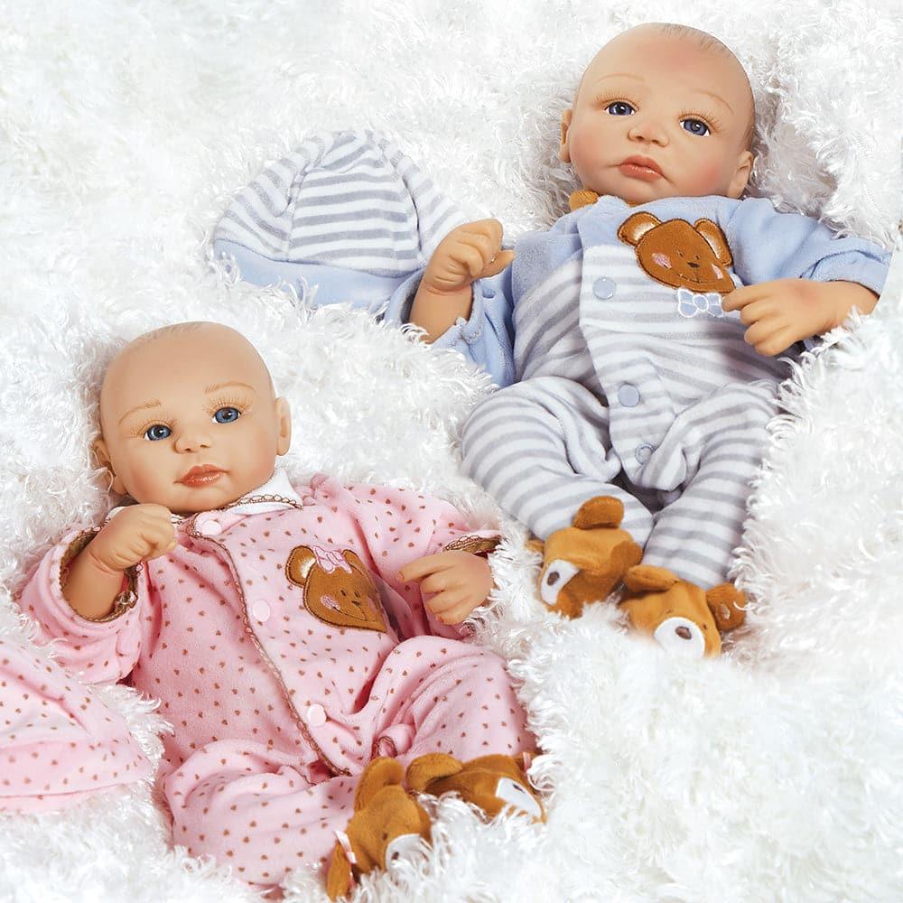 Real Life Twin Baby Dolls Set, Teddy Bear Twins Set, Soft Vinyl, 16 inch Paradise Galleries Reborn Twins