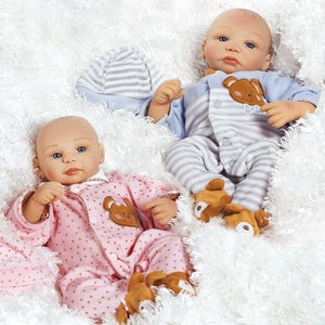 Paradise Galleries Realistic Twin Baby Dolls 16 inch Teddy Bear Set